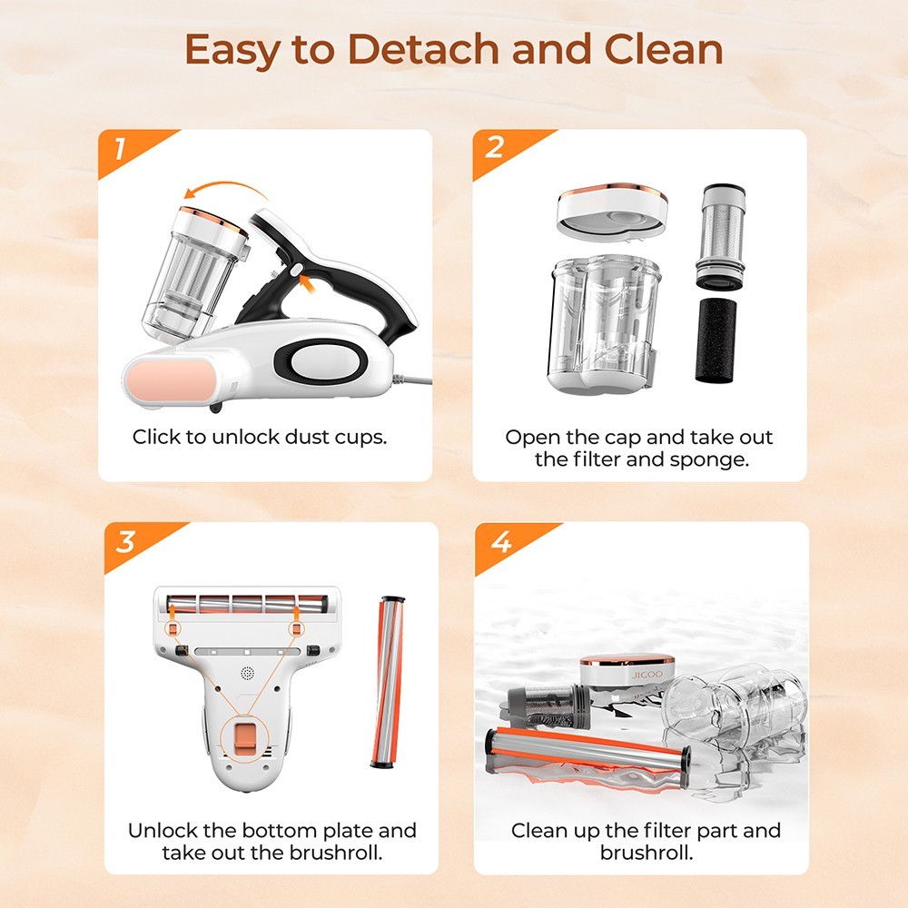 JIGOO J300 Nettoyeur intelligent à double brosse pour acariens avec aspiration de 13KPa capteur d'acariens brosse métalliqu