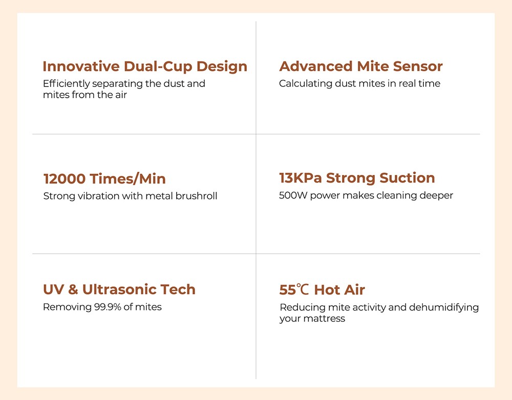 JIGOO J300 Nettoyeur intelligent à double brosse pour acariens avec aspiration de 13KPa capteur d'acariens brosse métalliqu