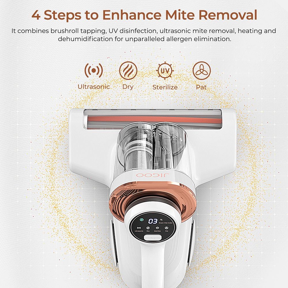 JIGOO J300 Nettoyeur intelligent à double brosse pour acariens avec aspiration de 13KPa capteur d'acariens brosse métalliqu