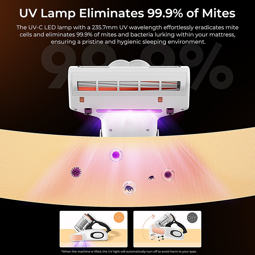 JIGOO J300 Nettoyeur intelligent à double brosse pour acariens avec aspiration de 13KPa capteur d'acariens brosse métalliqu