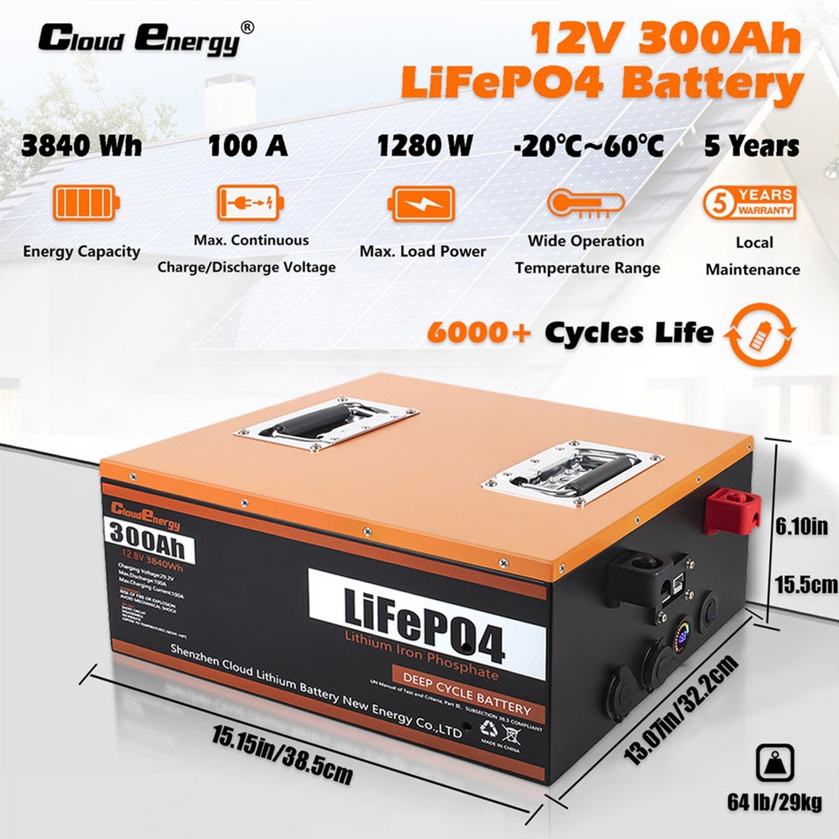 Cloudenergy 12V 300Ah LiFePO4 Battery Pack Backup Power 3840Wh Energy 6000 Cycles Built-in 100A BMS