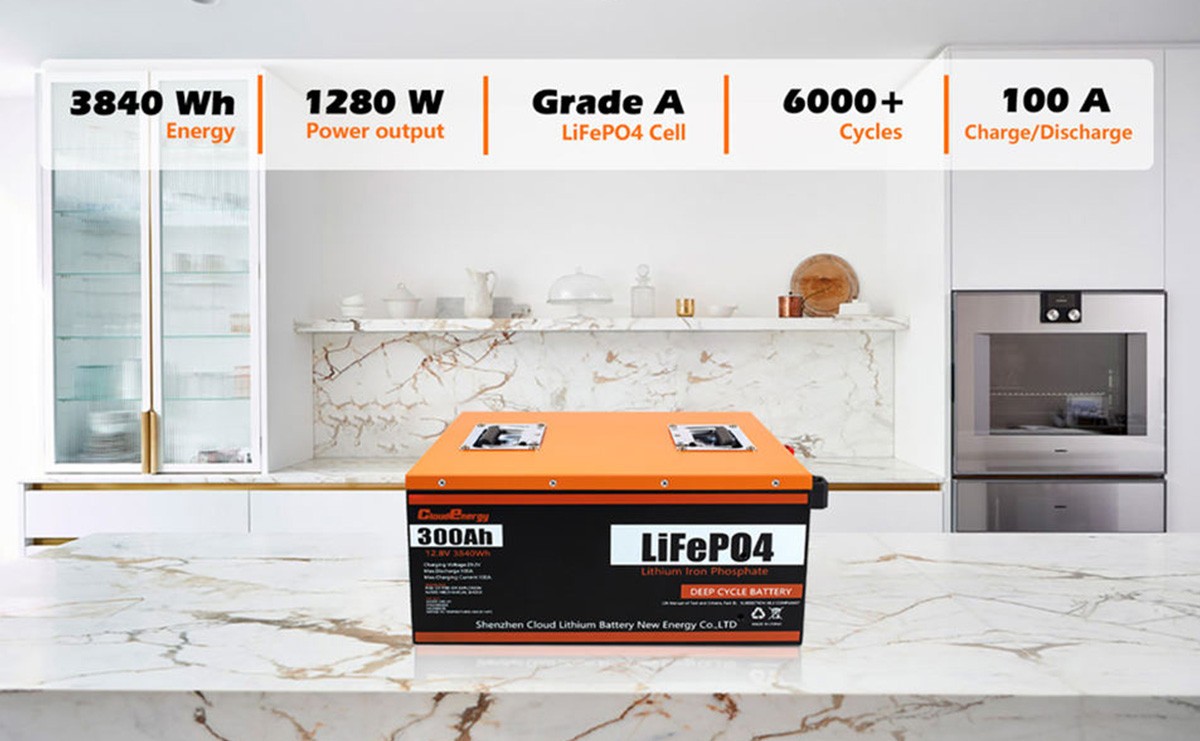 Cloudenergy 12V 300Ah LiFePO4 Battery Pack Backup Power 3840Wh Energy 6000 Cycles Built-in 100A BMS