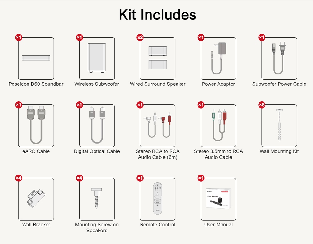 Ultimea Poseidon D60 Soundbar Subwoofer Speaker Kit Dolby Atmos 5 1 Adjustable Surround Level Multiple Modes