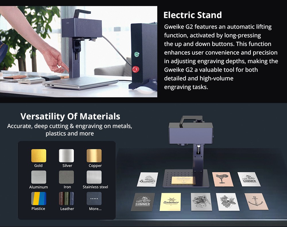 Gweike G2 20W Laser Engraver Manual Lift Edition Max 15000mm/s Engraving Speed 0 001mm Accuracy HD 8K Resolution Air Coolin