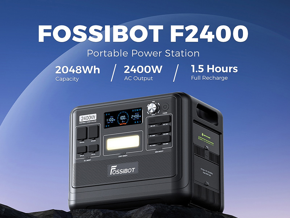 FOSSiBOT F2400 Portable Power Station 2048Wh/640000mAh LiFePO4 Battery 2400W 4600W Peak Solar Generator 3xAC RV Car USB Typ
