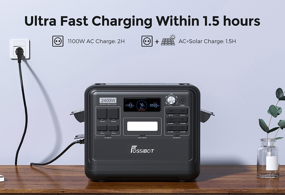 FOSSiBOT F2400 Portable Power Station 2048Wh/640000mAh LiFePO4 Battery 2400W 4600W Peak Solar Generator 3xAC RV Car USB Typ
