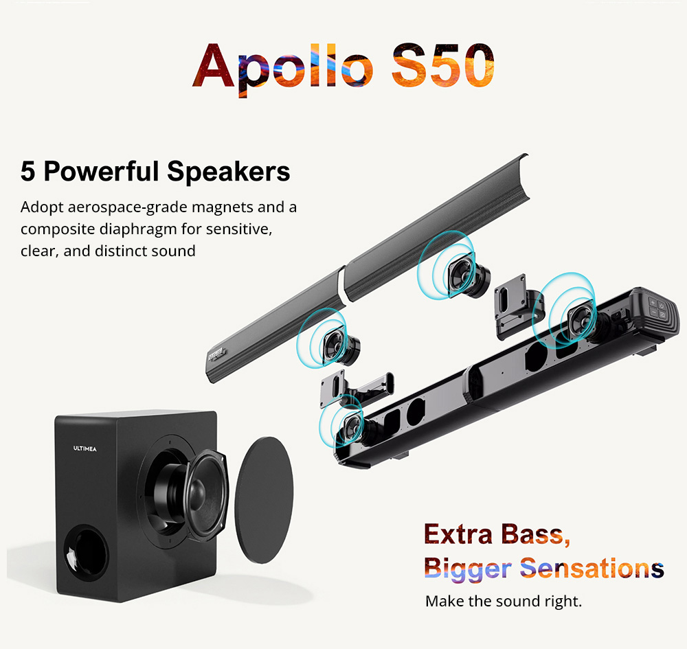 Ultimea Apollo S50 4 1ch Detachable Soundbar with Subwoofer Bluetooth 5 3 Adjustable Bass Level 3 EQ Modes