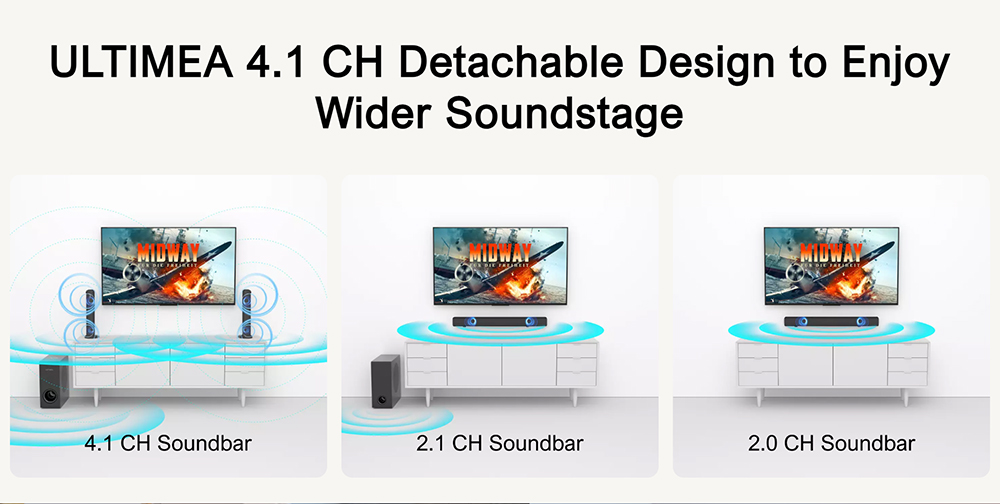 Ultimea Apollo S50 4 1ch Detachable Soundbar with Subwoofer Bluetooth 5 3 Adjustable Bass Level 3 EQ Modes