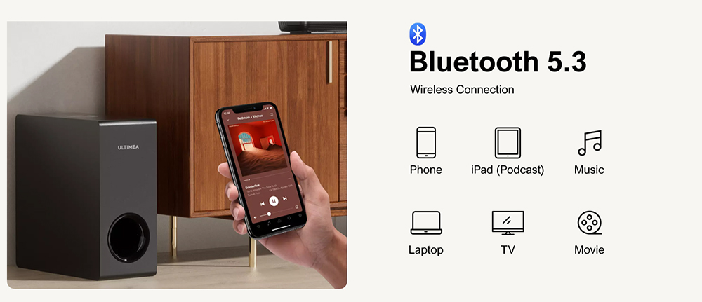 Ultimea Apollo S50 4 1ch Detachable Soundbar with Subwoofer Bluetooth 5 3 Adjustable Bass Level 3 EQ Modes