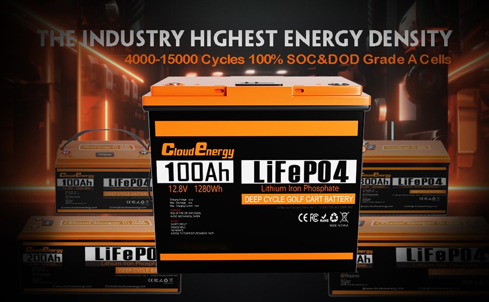 Cloudenergy 12V 100Ah LiFePO4 Battery Pack 1280Wh Energy 6000 Cycles Built-in 100A BMS Support Series/Parallel for Backup