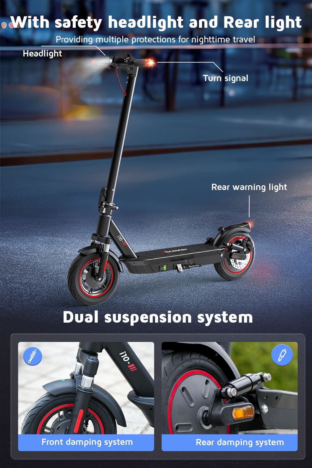 iScooter i10 Electric Scooter 650W Motor 36V 15Ah 10-inch Pneumatic Tire 40km/h Max Speed 45km Max Range ‎Front and Rea