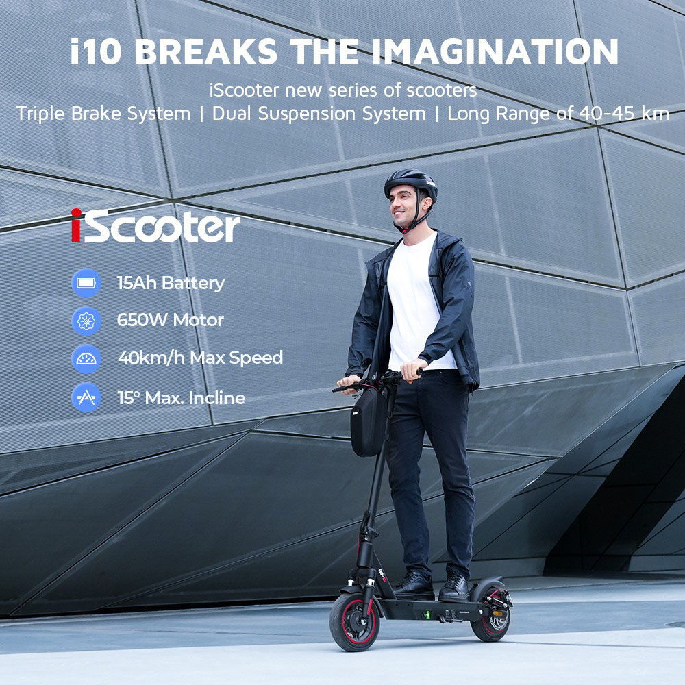 iScooter i10 Electric Scooter 650W Motor 36V 15Ah 10-inch Pneumatic Tire 40km/h Max Speed 45km Max Range ‎Front and Rea
