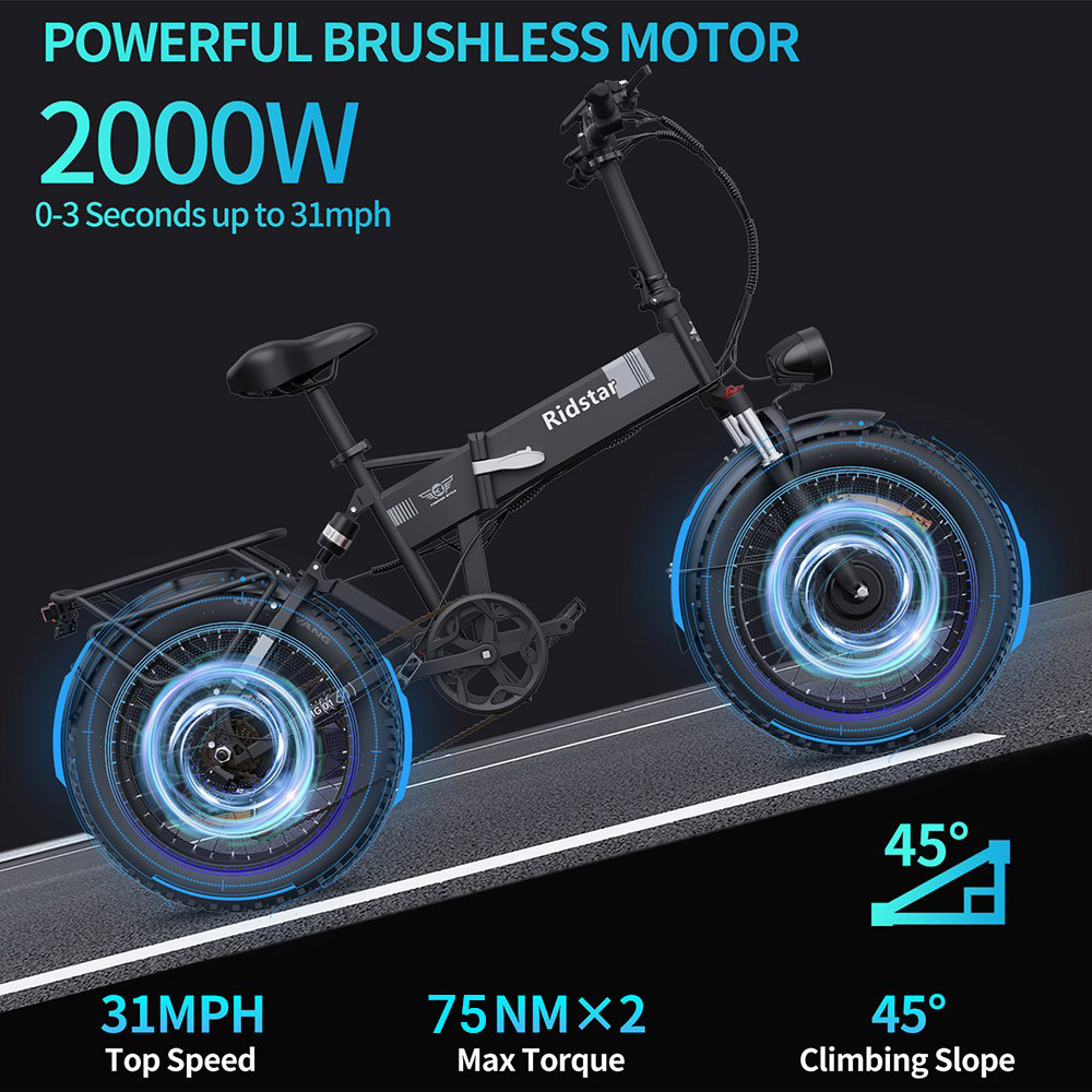 Ridstar H20 Pro Electric Bike 1000W*2 Motor 48V 23AH Battery 20*4 Inch Fat Tires 49km/h Max Speed 112km Range Hydraulic D