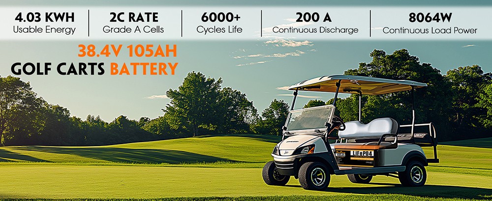Cloudenergy 36V 38 4V 105Ah LiFePO4 Golf Cart Battery with 20A Charger 4032Wh Energy Built-in 200A Bluetooth BMS 8064W Max
