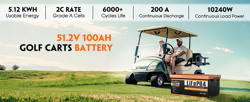 Cloudenergy 48V 51 2V 100Ah LiFePO4 Golf Cart Battery with 20A Charger 5120Wh Energy Built-in 200A Bluetooth BMS 10240W Ma