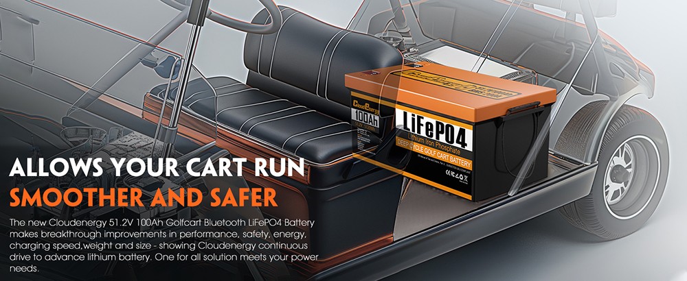 Cloudenergy 48V 51 2V 100Ah LiFePO4 Golf Cart Battery with 20A Charger 5120Wh Energy Built-in 200A Bluetooth BMS 10240W Ma
