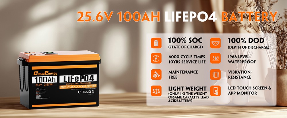Cloudenergy 24V 100Ah LiFePO4 Battery Pack Backup Power 2560Wh Energy 6000 Cycles Built-in 100A BMS LCD Screen Support in