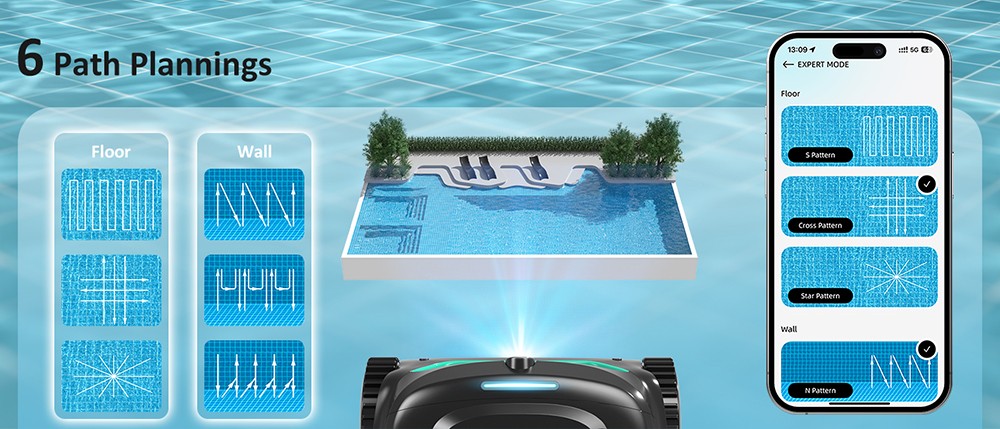 WYBOT C2 Vision Cordless Pool Robot Vacuum  Debris Detection with AI Camera  8-in-1 Master Cleaning  Two-Layer Filtration  Brushless Motors for Powerful Suction  for Pools up to 1940Sq ft  Black Green