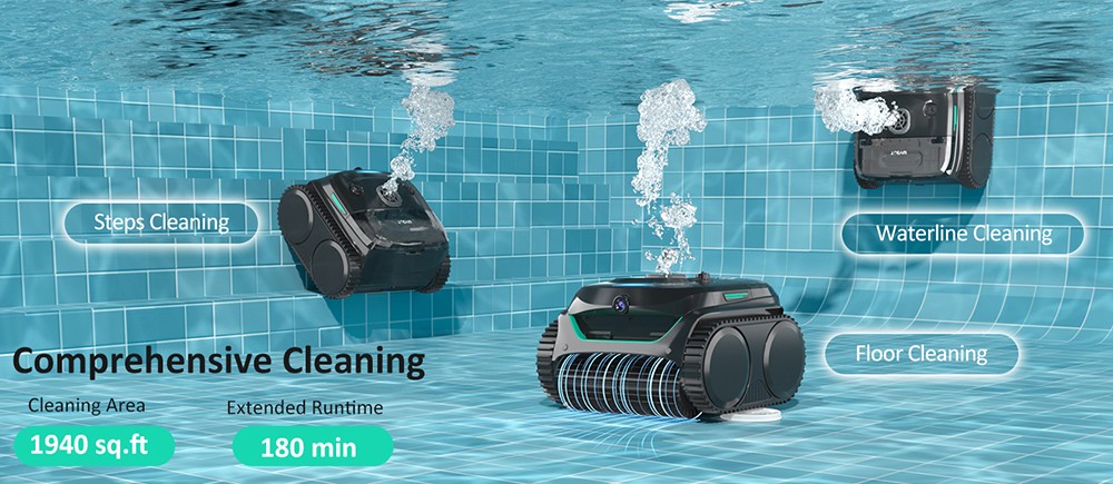 WYBOT C2 Vision Cordless Pool Robot Vacuum  Debris Detection with AI Camera  8-in-1 Master Cleaning  Two-Layer Filtration  Brushless Motors for Powerful Suction  for Pools up to 1940Sq ft  Black Green