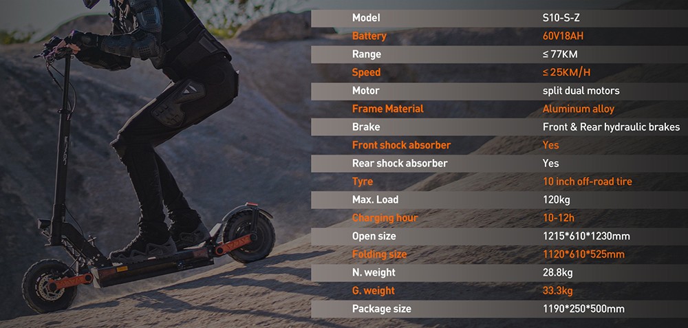 Joyor S10-S-Z Foldable Electric Scooter 1000W*2 Motor 60V 18AH Battery 10-inch Off-road Tires 25km/h Max Speed 77km Range