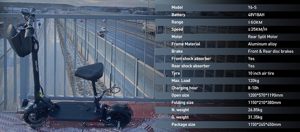 Joyor Y6-S Electric Scooter with Seat 500W Motor 48V 18Ah Battery 10 inch Tire 25km/h Max Speed 60km Range Front