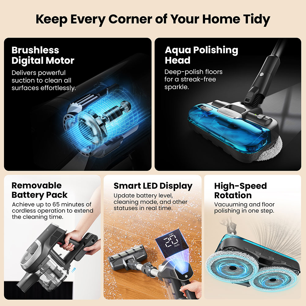 JIMMY JV9 Pro Aqua Cordless Vacuum Cleaner  160AW Suction Power  Up to 65min Runtime  500ml Water Tank  Gray - EU Plug