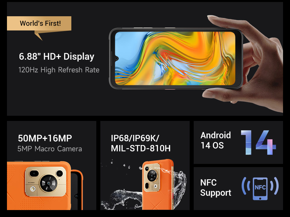 FOSSiBOT F112 Pro 5G Rugged Phone  50MP 5MP Rear Camera  7150mAh Battery  6 88-inch HD  Screen  8GB RAM 256GB ROM  Android 14