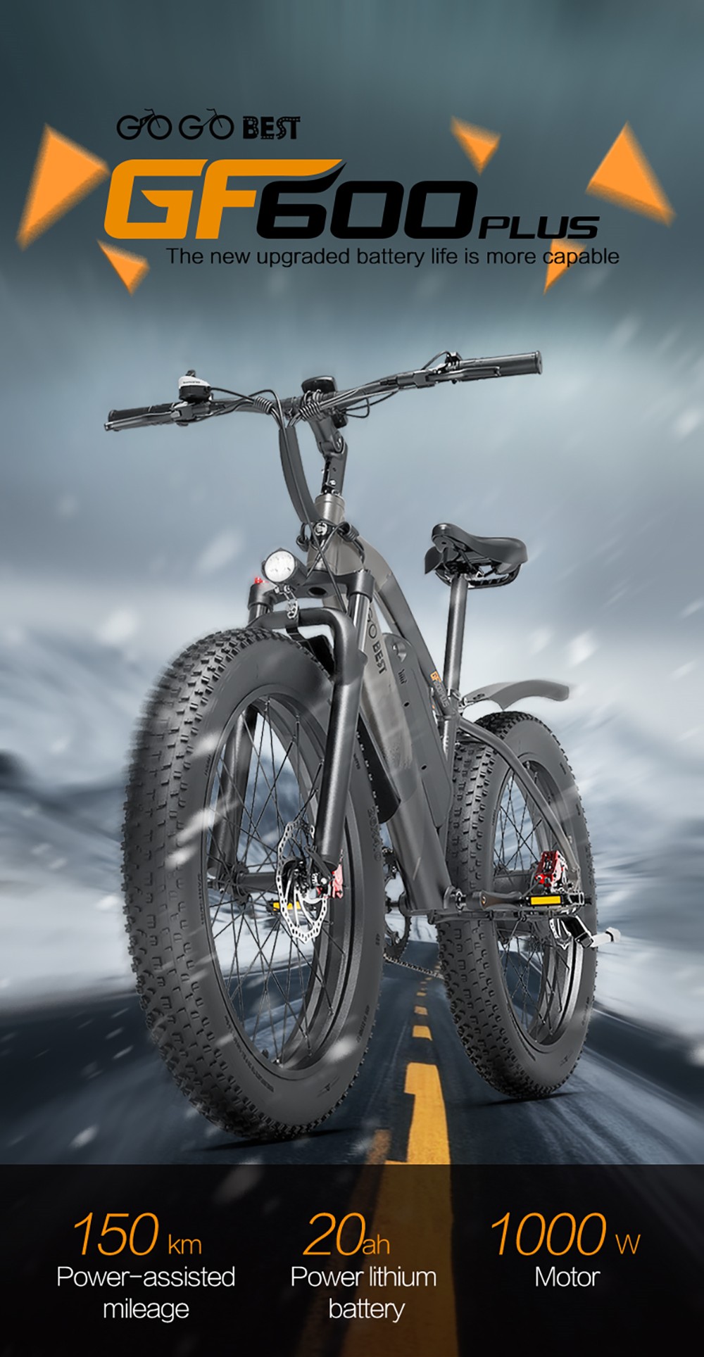 GOGOBEST GF600 Plus Electric Bike 1000W Motor 48V 20Ah 26*4 0 inch Tires 45km/h Max Speed 150km Range Hydraulic Disc Brak