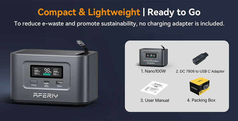 AFERIY Nano100 Portable Power Station 100W 99 2Wh Telescopic Type-C Cable Carry-on Airplane 1 5h Full Charge 3000 Cycles