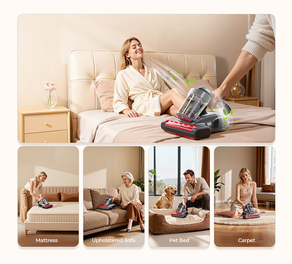 JIGOO J300 Pro Smart Mattress Vacuum Cleaner 550W Motor 48 000RPM Tapping Frequency 14kPa Strong Suction Dual-Cup Filtration UV Sterilization 60°C Hot Air 0 5L Dust Cup Dust Mite Detection