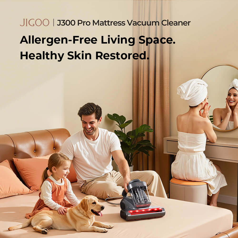 JIGOO J300 Pro Smart Mattress Vacuum Cleaner 550W Motor 48 000RPM Tapping Frequency 14kPa Strong Suction Dual-Cup Filtration UV Sterilization 60°C Hot Air 0 5L Dust Cup Dust Mite Detection