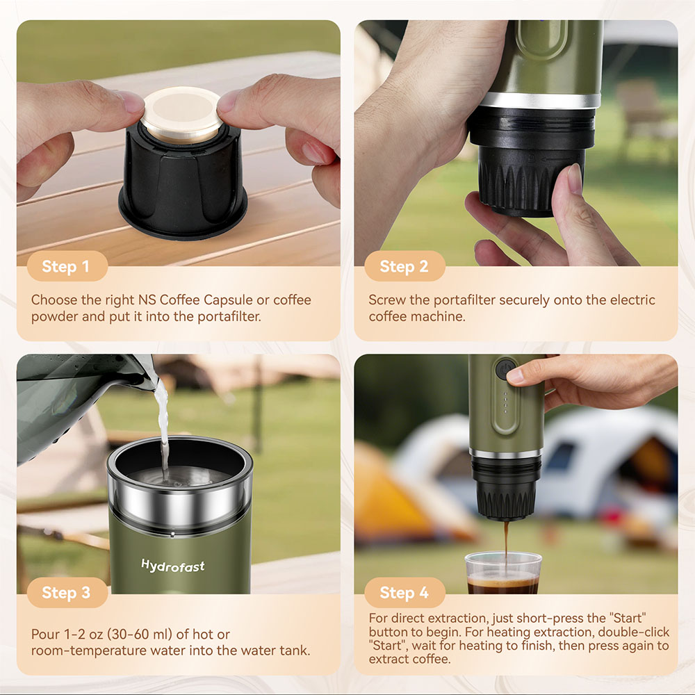 Hydrofast PO-100 Portable Espresso Maker  15-Bar Pressure  7800mAh Battery  2-in-1 Capsule