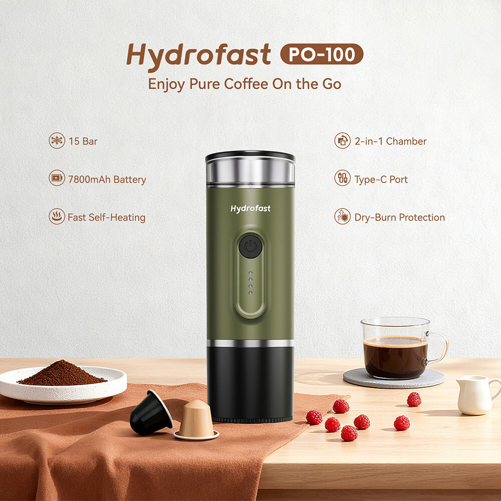 Hydrofast PO-100 Portable Espresso Maker  15-Bar Pressure  7800mAh Battery  2-in-1 Capsule