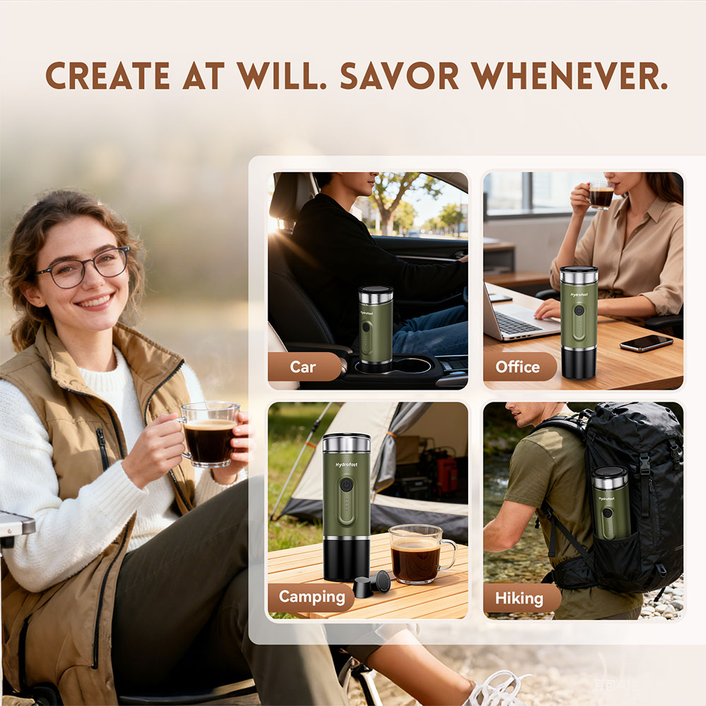Hydrofast PO-100 Portable Espresso Maker  15-Bar Pressure  7800mAh Battery  2-in-1 Capsule