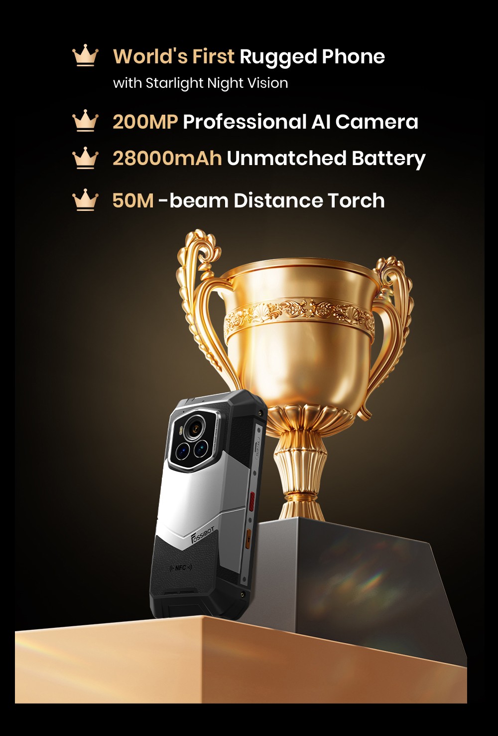 Fossibot F107 Pro Rugged Smartphone  12 512GB  6 95inch Display  28 000mAh Battery  200MP AI Camera  66W Fast Charge  Night Vis