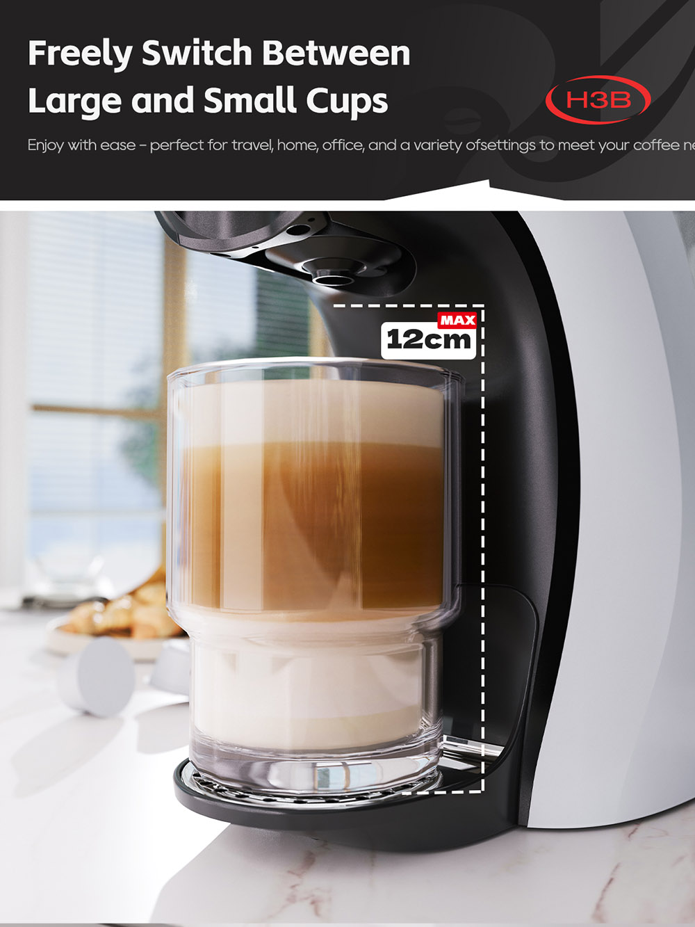 HIBREW H3B 3-in-1 Capsule Coffee Machine  20Bar Pressure  850ml Water Tank  7-temp Settings  Magnetic Cup Holder Adjustment