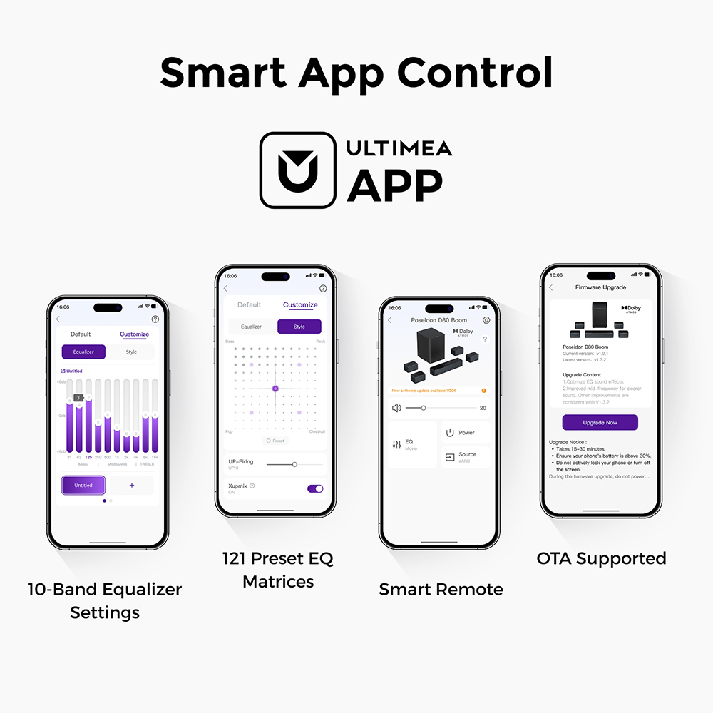 Ultimea Poseidon D80 Boom 7 1 Soundbar Subwoofer Speaker Kit Dolby Atmos 500W Peak Power APP Control 10 Bands Equalizer Set