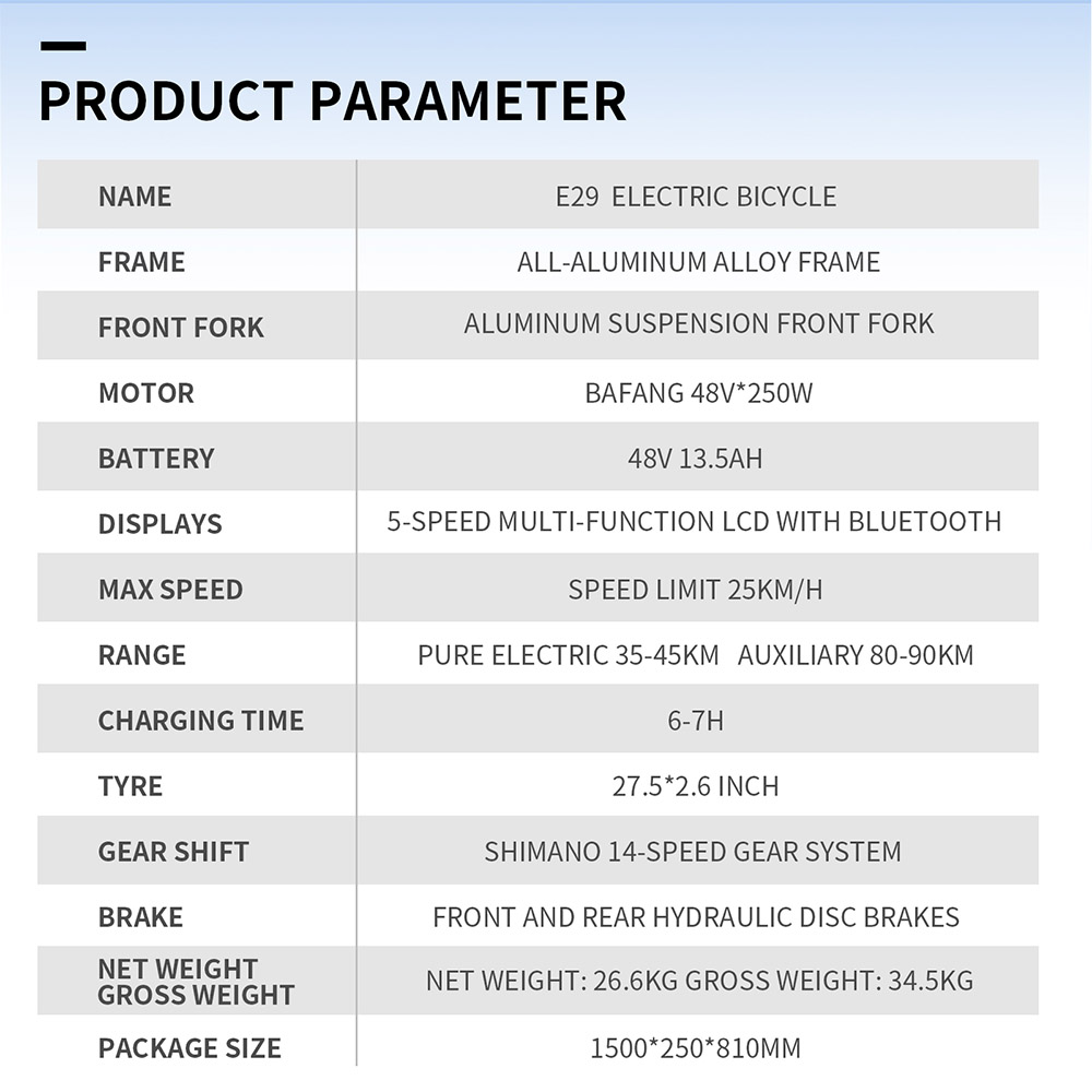 DUOTTS E29 Electric Bike 250W Motor 48V 13 5Ah Battery 27 5 inch Tires 25km/h Max Speed 90km Range Shimano Hydraulic Disc