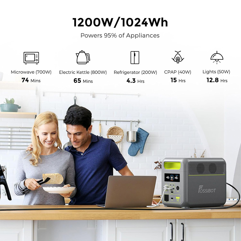 FOSSiBOT F1200 Portable Power Station 1024Wh LiFePO4 Solar Generator with 2x AC 1200W 2x USB-A 1x Type-C PD 20W and 1x PD 10