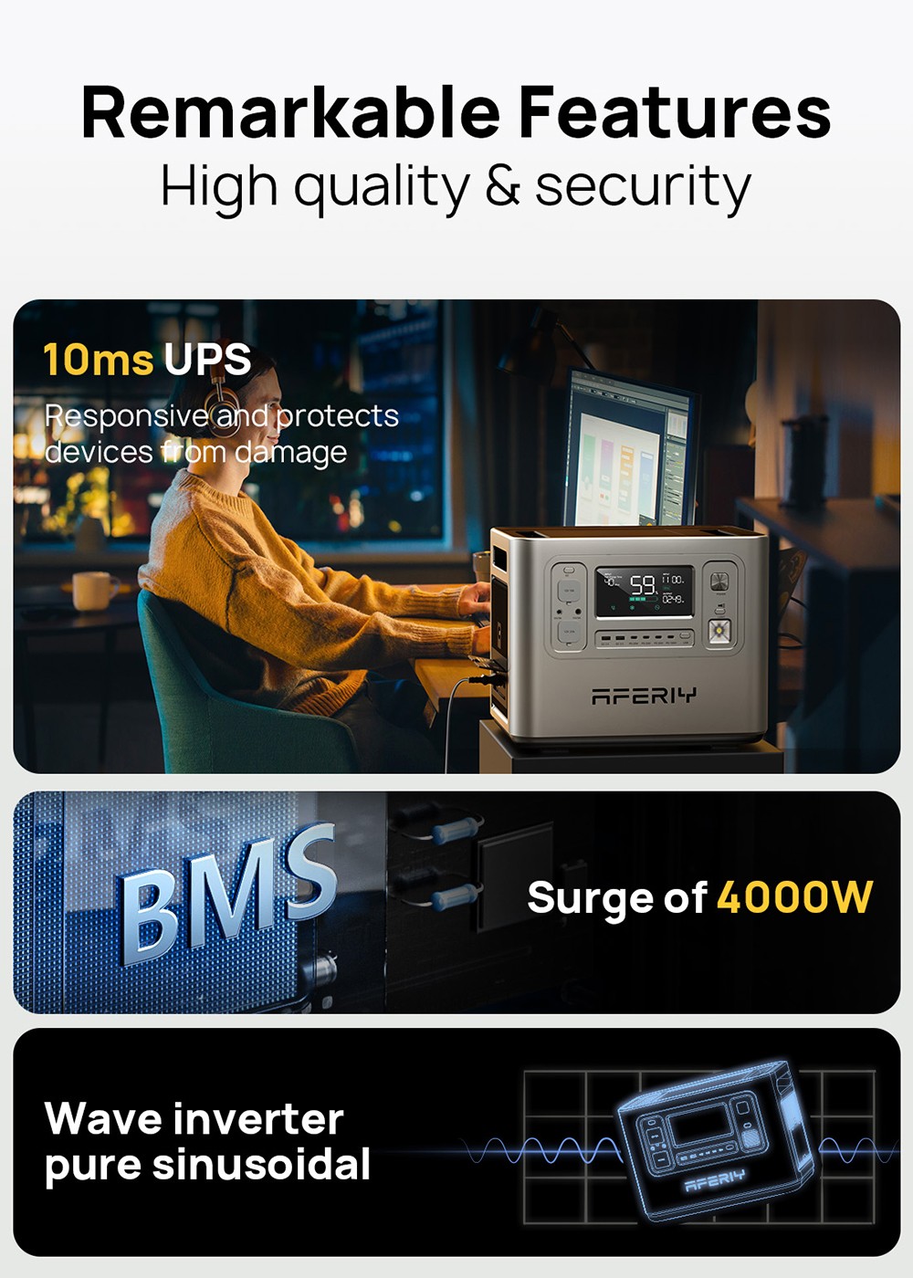 AFERIY P210 Portable Power Station  2400W 2048Wh Outdoor Generator  App Control 13 Outputs  1 5H Full Charge  4000  Cycles LiFe