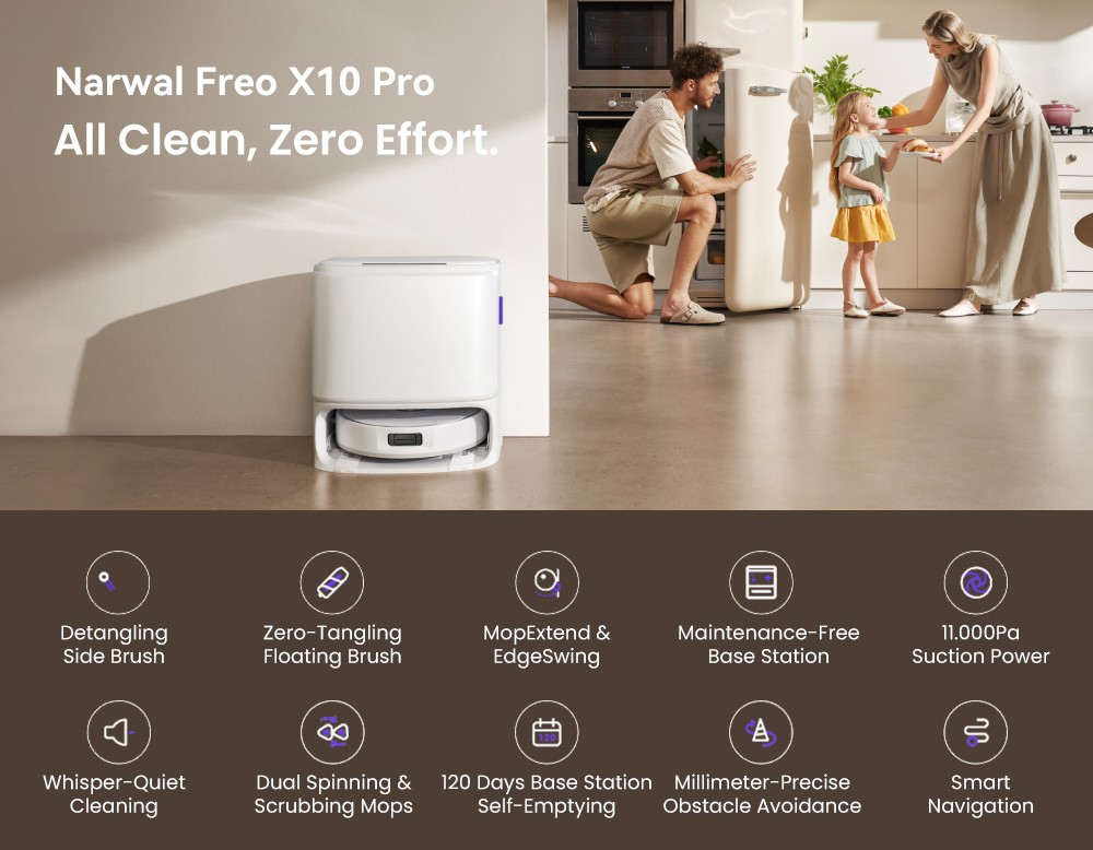 Narwal Freo X10 Pro Robot Vacuum Cleaner  Tangle Free Robot Mop  11000Pa Powerful Suction  Self-Emptying  Auto Mop Washing  Aut