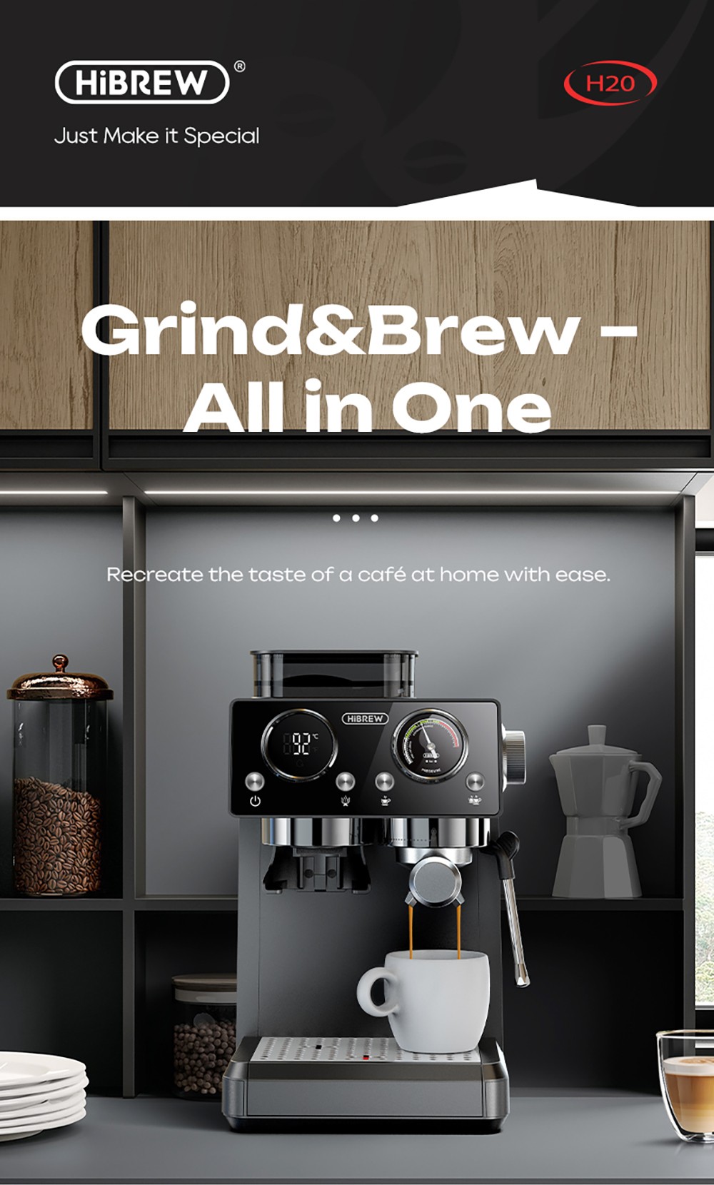 HiBREW H20 All-in-One Coffee Machine with Built-in Grinder  Dual Hot