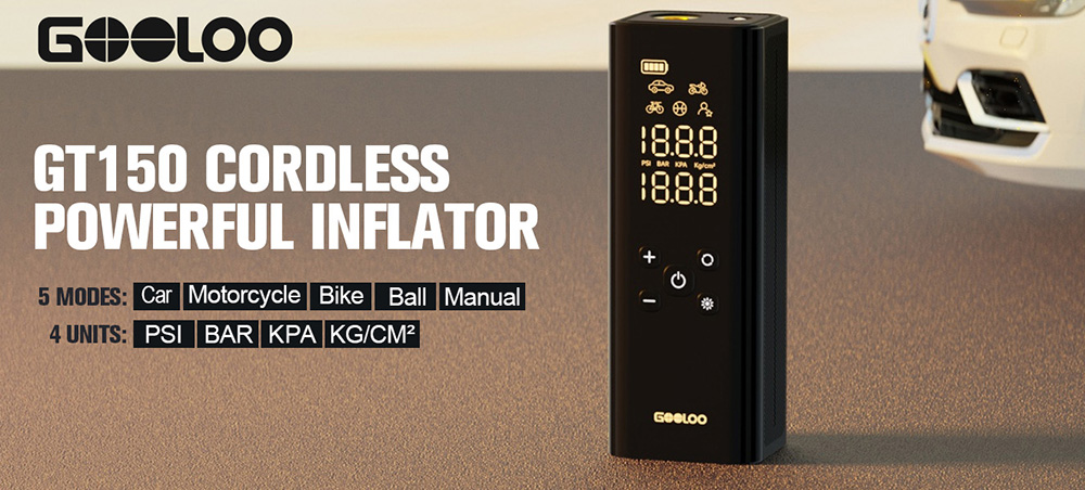 GOOLOO GT150 Portable Tire Inflator 150PSI Cordless Air Compressor 7500mAh Battery 5 Inflation Modes 4X Faster Tire Pump P