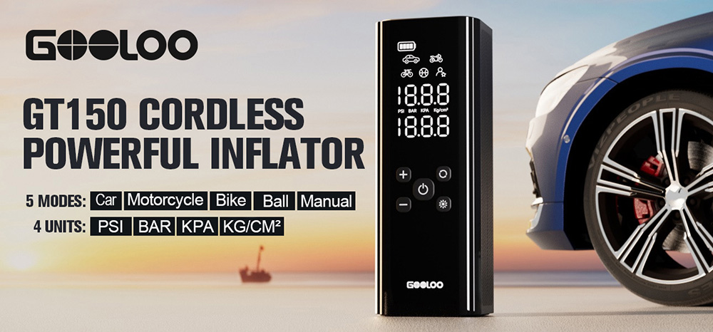 GOOLOO GT150 Portable Tire Inflator 150PSI Cordless Air Compressor 7500mAh Battery 5 Inflation Modes 4X Faster Tire Pump P