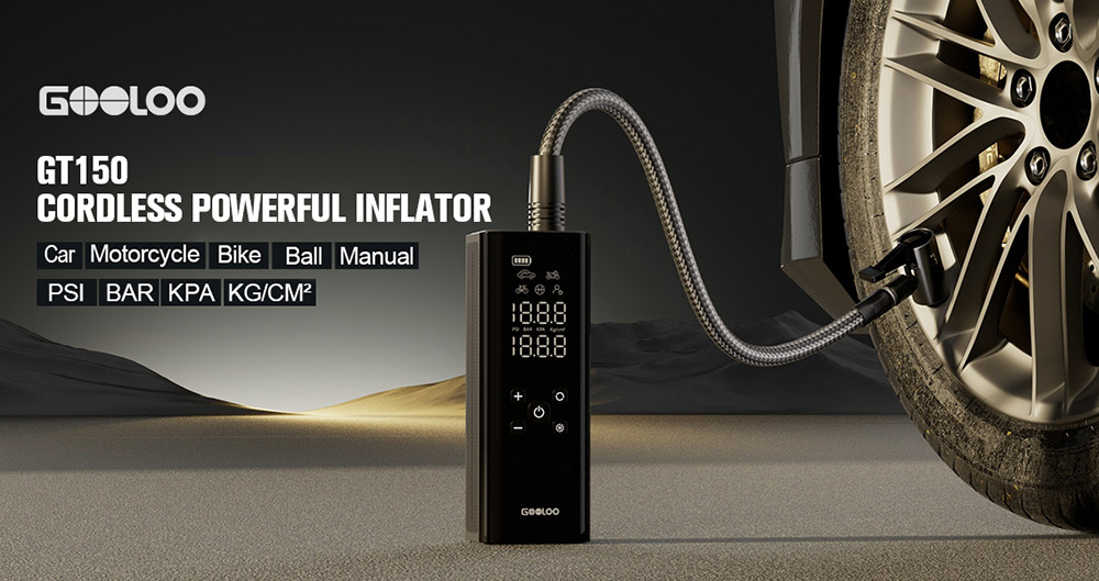 GOOLOO GT150 Portable Tire Inflator 150PSI Cordless Air Compressor 7500mAh Battery 5 Inflation Modes 4X Faster Tire Pump P