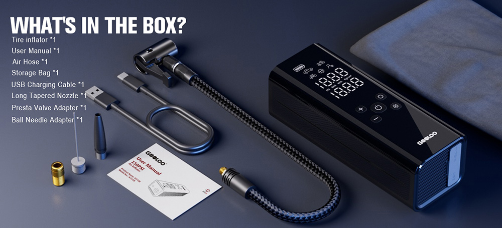 GOOLOO GT150 Portable Tire Inflator 150PSI Cordless Air Compressor 7500mAh Battery 5 Inflation Modes 4X Faster Tire Pump P