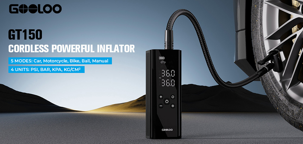 GOOLOO GT150 Portable Tire Inflator 150PSI Cordless Air Compressor 7500mAh Battery 5 Inflation Modes 4X Faster Tire Pump P