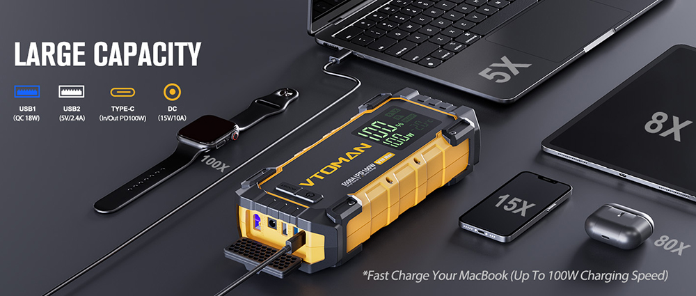 VTOMAN V10 Max 5500A 12V Car Jump Starter  3 2'' Display Screen  Battery Booster for All Gas