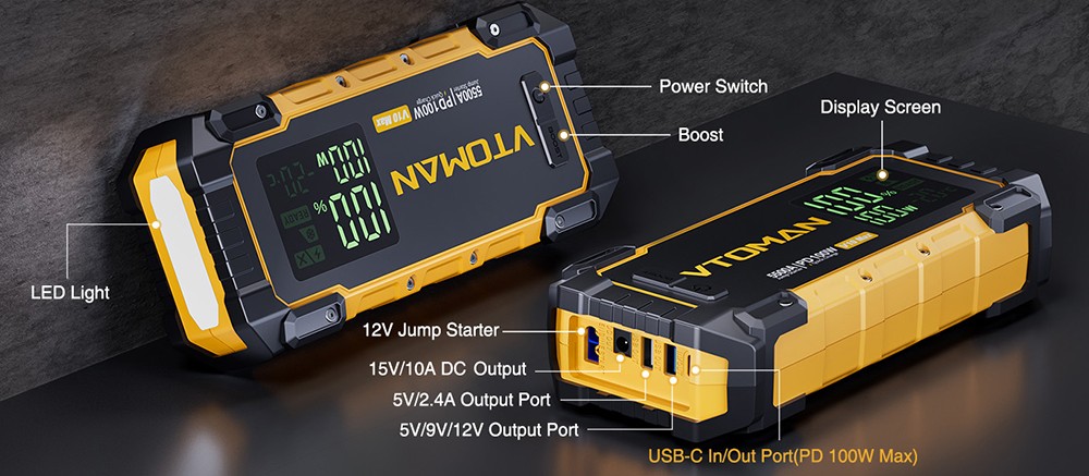 VTOMAN V10 Max 5500A 12V Car Jump Starter  3 2'' Display Screen  Battery Booster for All Gas