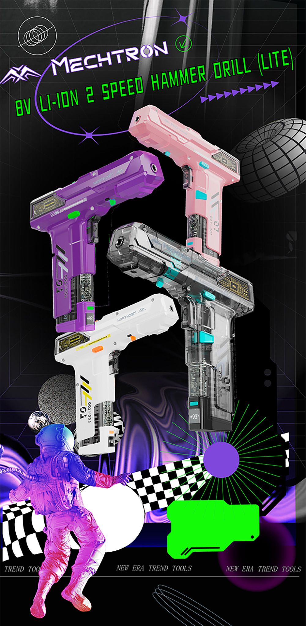 MECHTRON TL-G007S Lite Hammer Drill 8V Dual-Speed 15N m Torque 2000mAh Removable Battery Smart AI Control 2-in-1 Electric